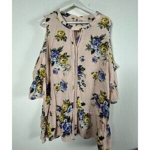 Perch by Blu Pepper Womens Floral Keyhole Cold Shoulder Tunic Top 2XL Pink New